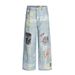 Unique High Street Graffiti Print Wide-Leg Jeans Hip-Hop Trend Loose Washed Straight Long Pants Men's Design Sense_mkmklike.com