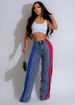 Women's Fashion Patchwork Striped Color-Block Denim Pants – Stretch Waist Straight Leg Casual Trousers_mkmklike.com
