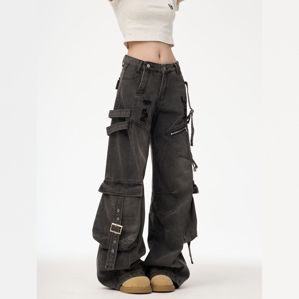 Unisex Multi Pocket Cargo Jeans Straight Leg Loose Fit Wide Leg American High Street Style Trendy Versatile Edgy And Stylish Men's Denim_mkmklike.com