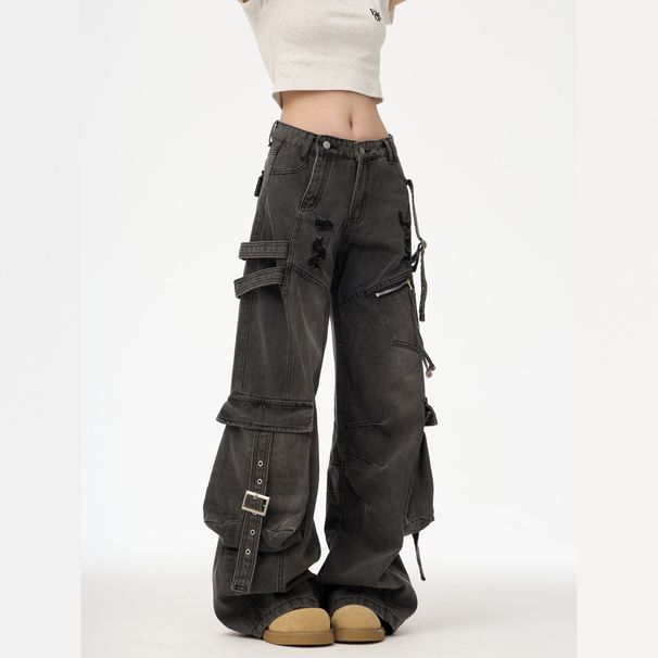 Unisex Multi Pocket Cargo Jeans Straight Leg Loose Fit Wide Leg American High Street Style Trendy Versatile Edgy And Stylish Men's Denim_mkmklike.com