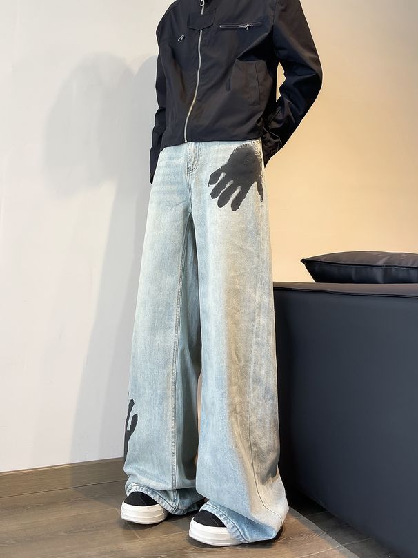 Vintage Handprint Jeans – Hip-Hop Inspired Distressed Bell-Bottom Pants (S-3XL, Midweight Cotton, Retro Washed For Streetwear & Skate Style)_mkmklike.com