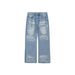 Vintage Washed Blue Jeans – Distressed Whisker & Water Wave Denim Baggy Pants With Flared Hem (Mid-Rise, Non-Stretch, Unisex Fit)_mkmklike.com