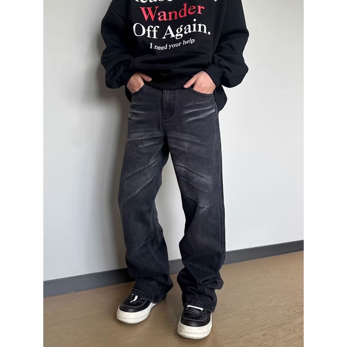 Men's Retro Distressed Washed Black Straight Leg Jeans Trendy Loose Casual Trousers_mkmklike.com