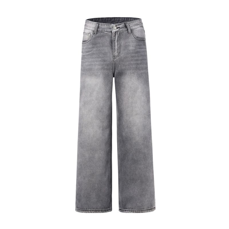 Unisex Washed Grey Straight-Leg Jeans – Vintage Hip-Hop Style With Anti-Wrinkle Cotton (Relaxed Fit)_mkmklike.com