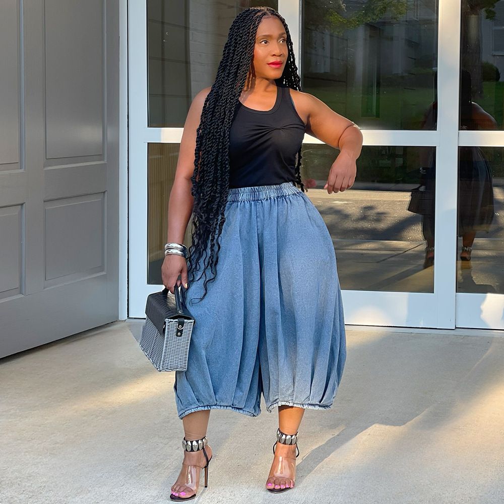 Women's Clothing Street Fashion Casual Jeans Elastic Waist Straight Wide Leg Cropped Pants_mkmklike.com