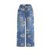 Women's Printed Straight Leg Jeans - Flowy Bootcut Denim Pants For Spring/Autumn (S-2XL, Light Blue/Dark Blue, Cotton Blend, Mid-Rise)_mkmklike.com