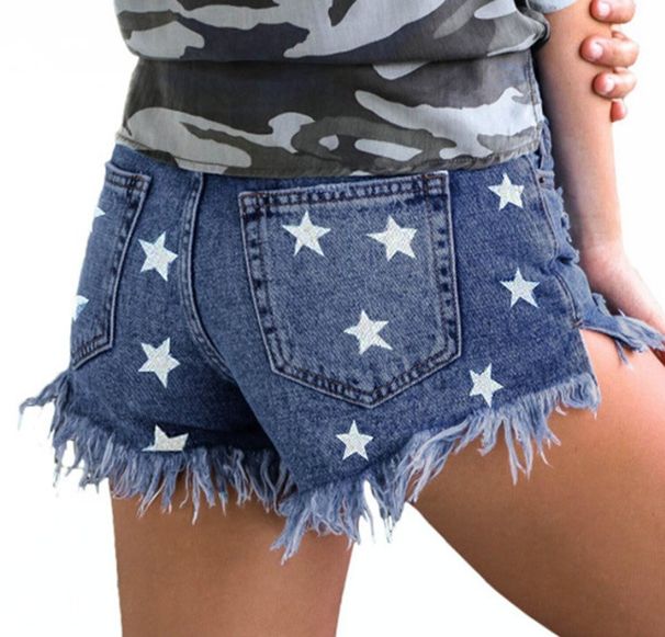 SC Women's High-Waisted Tassel Star Print Shorts European American Style Denim Clothing for Ladies_mkmklike.com