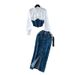 Denim Skirt Set – Belted Shirt & A-Line Skirt, Polyester-Blend Office-To-Dinner Outfit (S-Xl, Blue) Waist-Defining Magic_mkmklike.com