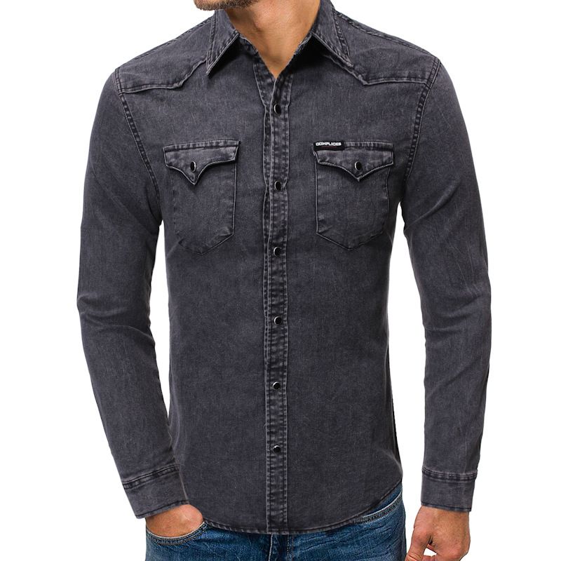 Men's Clothing Casual Denim Long-sleeved Shirt Youth Men's Multi-pocket Slim Shirt_mkmklike.com