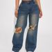 Women's Clothing Washed Knee Holes Wide Leg Wide Leg Denim Trousers_mkmklike.com