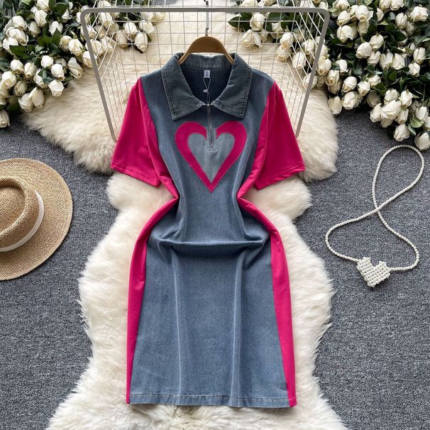 Women's Clothing Fashion Contrast Color Stitching Polo Collar Short Sleeve Denim Slim Mid Length Skirt_mkmklike.com