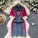 Women's Clothing Fashion Contrast Color Stitching Polo Collar Short Sleeve Denim Slim Mid Length Skirt_mkmklike.com
