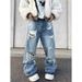 Men's Retro Washed Ripped And Distressed Slightly Flared Jeans Casual High Street Style Trendy Floor-Length Trousers_mkmklike.com