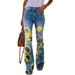 Women's clothing large size women's casual pants denim bell-bottom pants floral pants_mkmklike.com