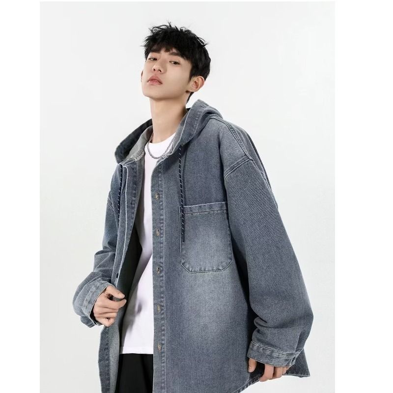 Youth Denim Jacket Men's Solid Color New Hooded Jacket Cardigan_mkmklike.com