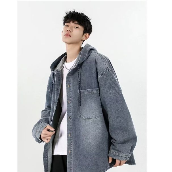 Youth Denim Jacket Men's Solid Color New Hooded Jacket Cardigan_mkmklike.com