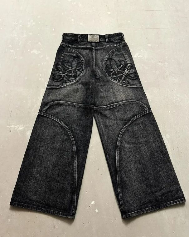 Men's Clothing Retro Black And Gray Washed Straight Jeans For Men And Women Y2k Deconstruction Style Cross Wide Leg Trousers_mkmklike.com