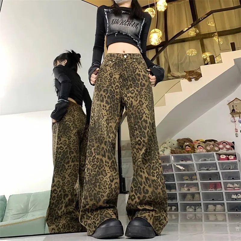 Korean-style Washed Leopard Print Jeans For Women, 2025 Autumn New Model, High-waisted, Drapey, Loose, Slimming,_mkmklike.com