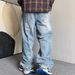 Men's Heavyweight Retro Ripped Jeans Casual Edgy Straight Leg Loose Fit Wide Leg Floor Length Dad Pants_mkmklike.com