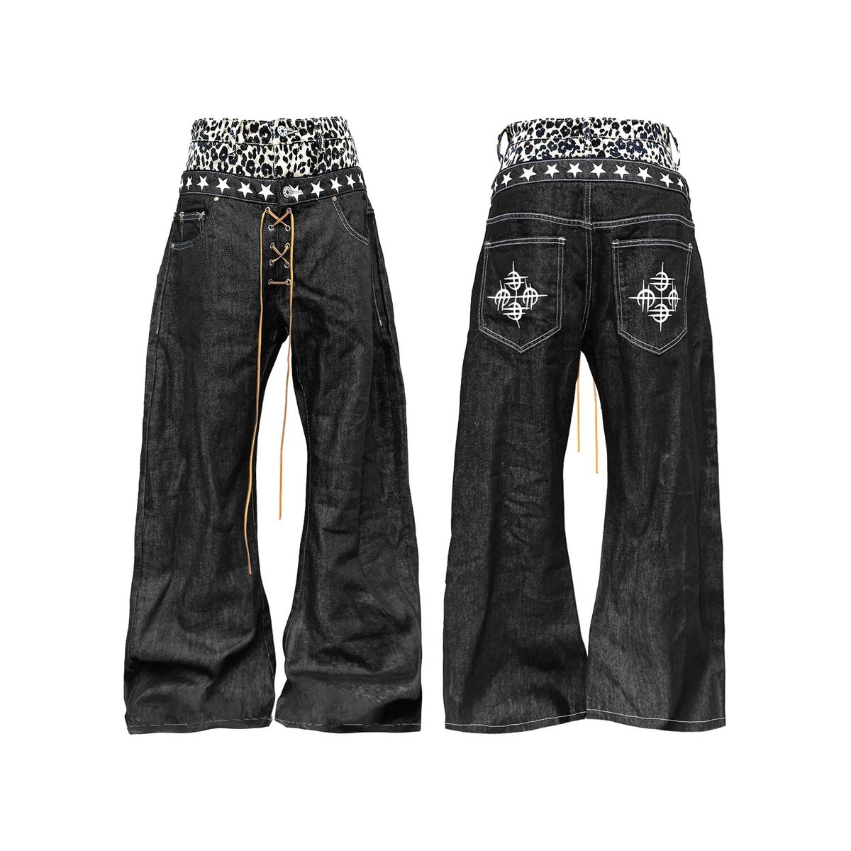 Double-Waist Leopard Print Jeans – Raw Denim Stacked Hem With Metal Accents (S-3XL)_mkmklike.com