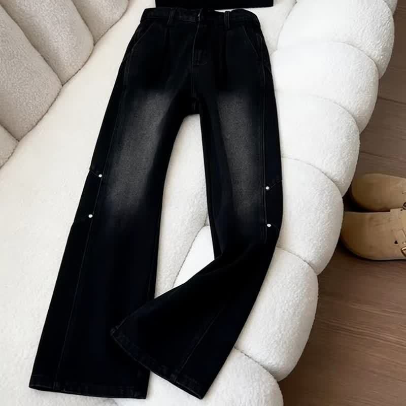New American Retro Style Men's Jeans Deconstructed Patchwork Design Black Grey Slightly Flared Straight Leg_mkmklike.com