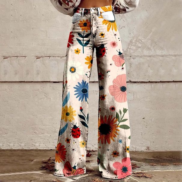 Women's Wide Leg Flare Pants Faux Denim With Five-Pointed Star Print Bohemian Casual Beach Style Cotton Jeans For Spring/Autumn & Summer_mkmklike.com