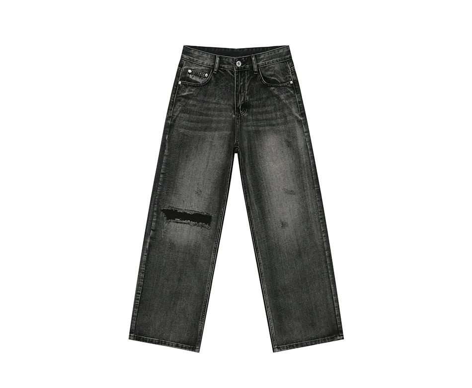 EF JEANS | 2025 Spring New Product Niche Design Personalized Washed Black And Gray Loose Ripped Jeans_mkmklike.com