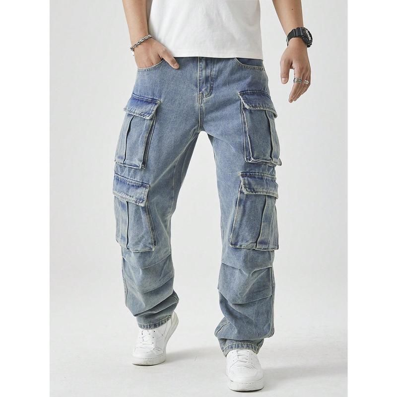 Men's Casual Washed Straight Leg Cargo Jeans - Relaxed Fit, Multi-Pocket Utility Pants In Light Wash/Army Green/Dusty Pink (S-XXL)_mkmklike.com