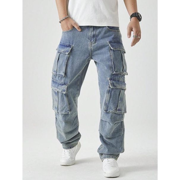 Men's Casual Washed Straight Leg Cargo Jeans - Relaxed Fit, Multi-Pocket Utility Pants In Light Wash/Army Green/Dusty Pink (S-XXL)_mkmklike.com