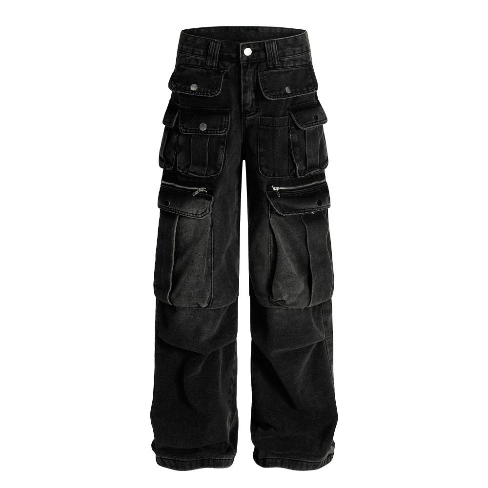 Functional Style Personality Multi-Pocket Denim Cargo Men's Punk Washed Vintage Design Loose Straight Pants_mkmklike.com