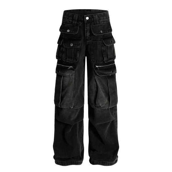 Functional Style Personality Multi-Pocket Denim Cargo Men's Punk Washed Vintage Design Loose Straight Pants_mkmklike.com