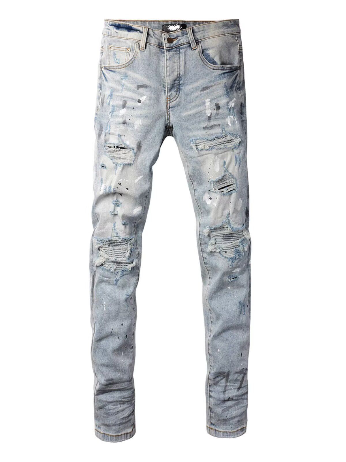 Guangzhou High Street Trendy Brand AM New Light Color Splash Ink Washed Ripped Jeans Men Patch Elastic Slim Fit Skinny_mkmklike.com
