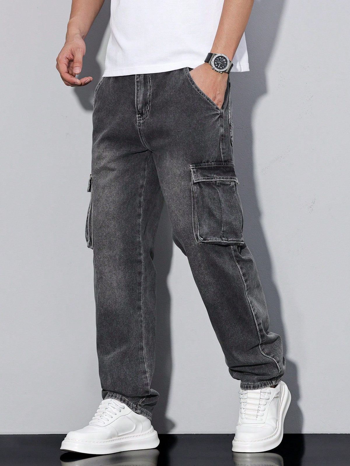Men's American Style Multi Pocket Cargo Jeans Straight Leg Loose Fit Black Gray Heavyweight Trendy Wide Leg_mkmklike.com