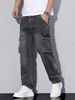 Men's American Style Multi Pocket Cargo Jeans Straight Leg Loose Fit Black Gray Heavyweight Trendy Wide Leg_mkmklike.com