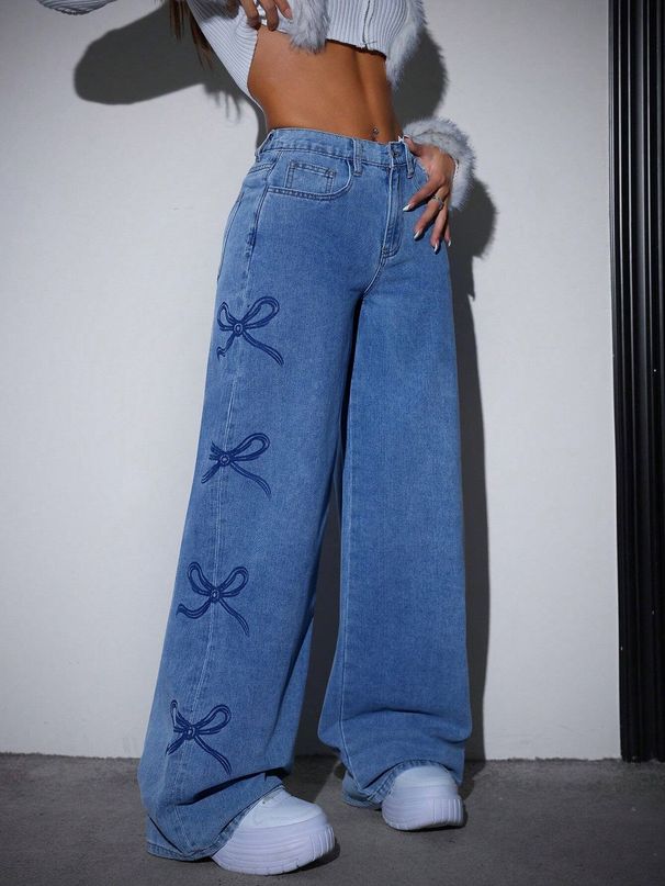 Women's Printed Flared Jeans - High-Waisted Vintage Denim Pants With Butterfly Embroidery (Light Blue/Dark Blue, XS-XXL)_mkmklike.com