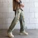 American Retro Street Vibe Pants High Street Tide Brand Yellow Mud Dyed Washed Ripped Jeans Men's Wide-leg Trousers_mkmklike.com