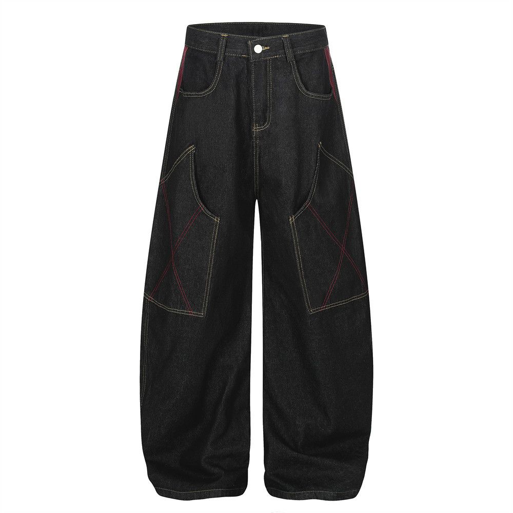 Workwear Scimitar Denim Men's Unique Niche Design Vibe Trendy Brand Large Pocket Stitched Wide-Leg Pants_mkmklike.com