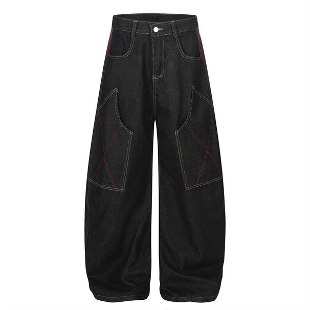 Workwear Scimitar Denim Men's Unique Niche Design Vibe Trendy Brand Large Pocket Stitched Wide-Leg Pants_mkmklike.com