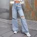 Women's Clothing INS Fashion Ripped High Waist Wide Leg Pants Casual Denim Trousers Trendy_mkmklike.com