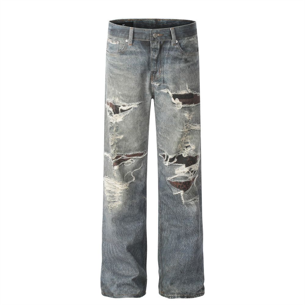 Distressed Patchwork Jeans For Men American Street Style Hip-Hop Loose Design Washed Vintage Straight-Leg Pants_mkmklike.com