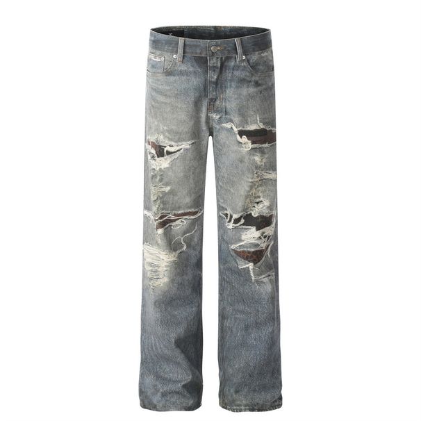 Distressed Patchwork Jeans For Men American Street Style Hip-Hop Loose Design Washed Vintage Straight-Leg Pants_mkmklike.com