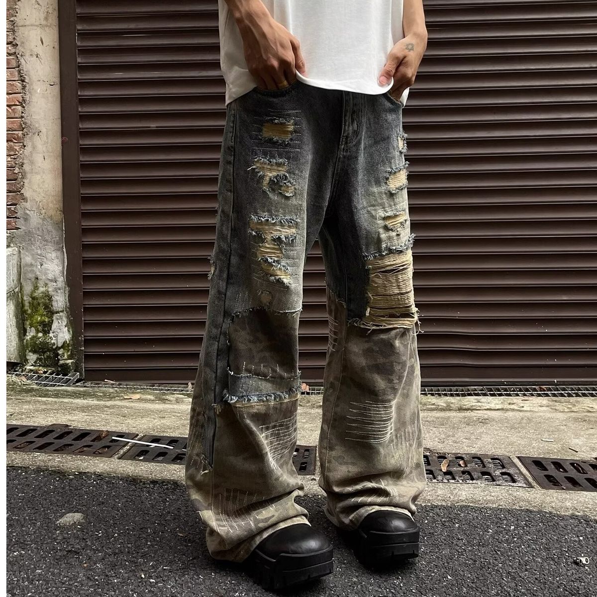 Men's Wide Leg Straight Jeans Retro American Niche Design Washed Patchwork Camouflage Distressed Whiskering_mkmklike.com