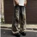 Men's Wide Leg Straight Jeans Retro American Niche Design Washed Patchwork Camouflage Distressed Whiskering_mkmklike.com