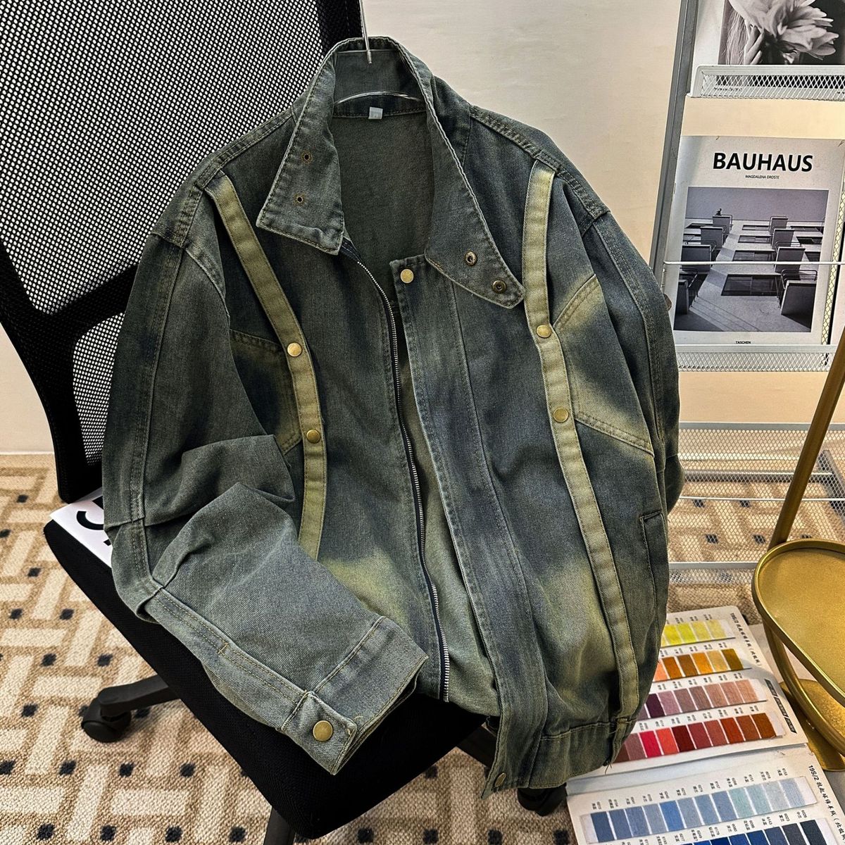 Retro Niche Zipper Loose Washed Denim Jacket, High Street Jacket Top_mkmklike.com