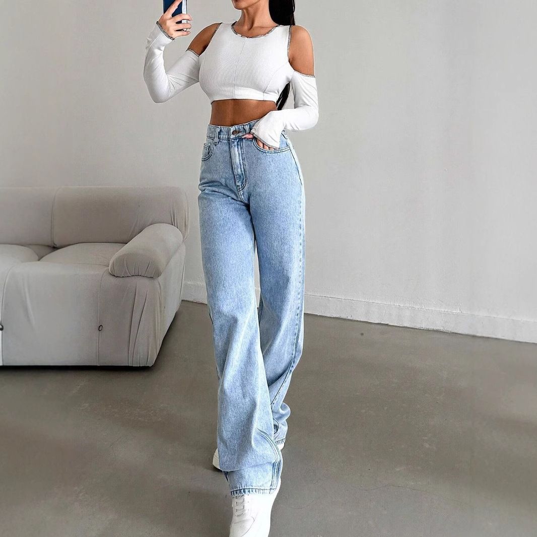 Women's Vintage Washed Denim Jeans – High-Waisted Loose Straight Leg Pants With Bow Detail (XS-XXL, Light Blue/Dark Blue, Streetwear Essential)_mkmklike.com