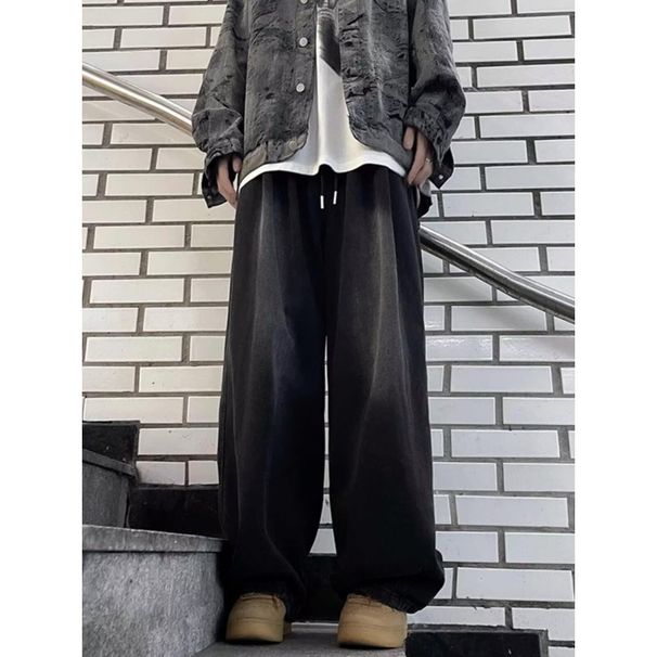 American High Street Retro Wide-leg Jeans Men's Spring And Autumn Loose And Versatile Washed Elastic Waist Straight Mopping Trousers_mkmklike.com
