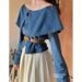 Chicco Outfit Set One Shoulder Large Lapel Long Sleeve Denim Waist-Cinching Top Mid-Length Stylish Hong Kong Style Skirt_mkmklike.com