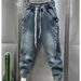 Men's Light Blue Distressed Jeans – Loose Fit Cargo Pants With Adjustable Drawstring & Cuffed Hem, Streetwear Harem Style (S-Xxxl)_mkmklike.com
