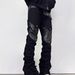 Men's Punk Rock Flared Jeans Asymmetric Leather-Patched Denim Stacked Knee Wrinkles Distressed Hem Street Goth Pants With Metal Zipper Accents_mkmklike.com