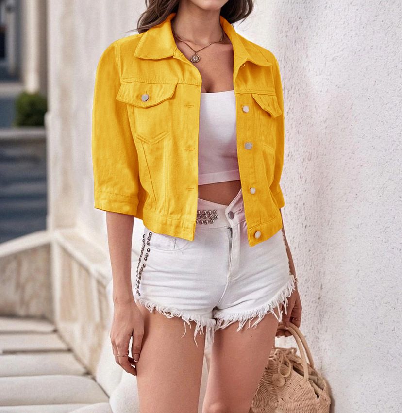 Women's Clothing Spring And Summer Women's New Color Three Quarter Sleeve Denim Jacket Coat Short Top_mkmklike.com
